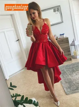 

Sexy Red Short Prom Dresses Spaghetti Strap High/Low Lace Satin Cheap Evening Party Gown 2020 Custom Made Occasion Prom Dress