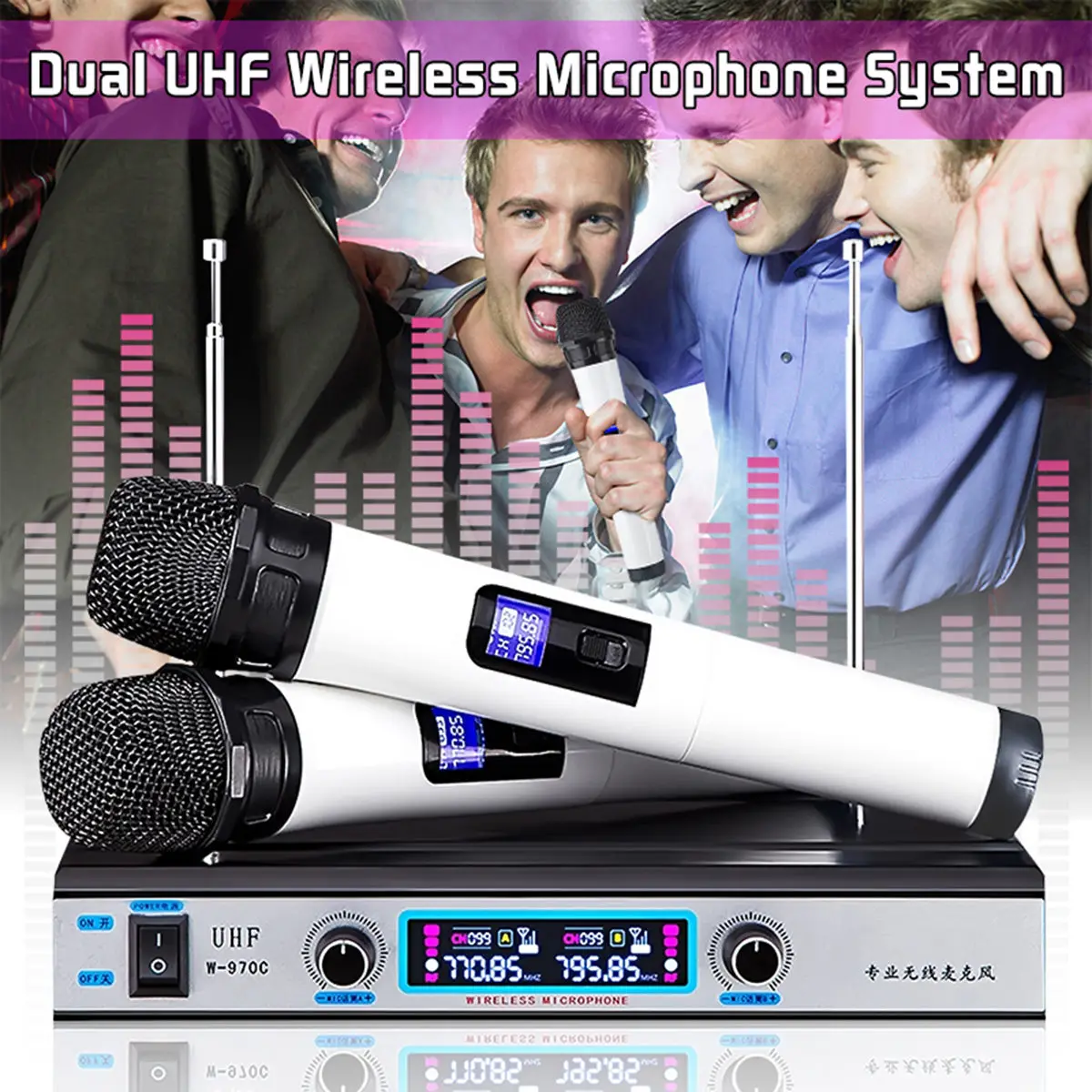

UHF Wireless Microphone System LCD Display +Dual Handheld Mic Microphone System Receiver for Kareoke Home Party KTV Cordless