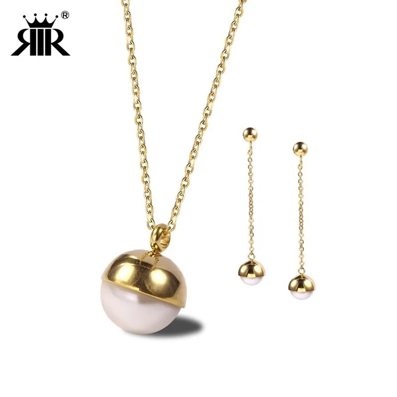 RIR минималистский Ожерелье из жемчужных бус с серьги с подвесками серебряные золотые Нержавеющая сталь лакомство одинарный жемчуг для Для женщин Ювелирные наборы купить на AliExpress