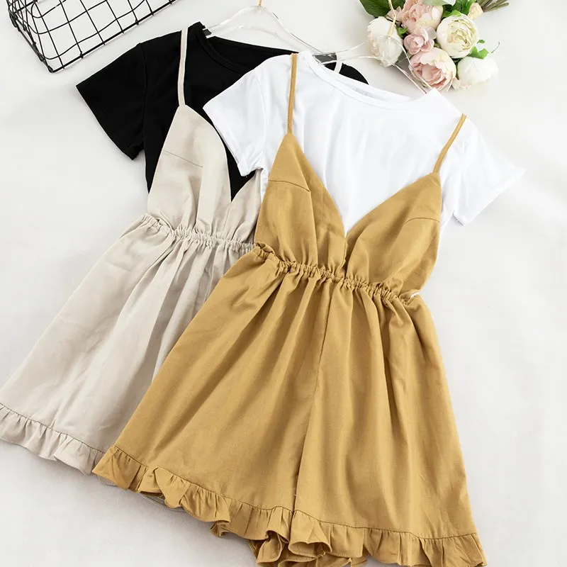 

Summer Sweet Two Pieces Set Women White Short Sleeve T-Shirt Solid Camis Playsuit Female Wear
