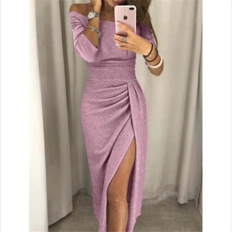 

Women's Off Shoulder Long Dress Long Sleeves Bodycon Bandage Party Evening Ladies' New Sexy Soild Slim Dress Fashion Hot Selling