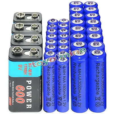 Acheter 16x AA 3000 mAh + 16x AAA 1800 mAh 1.2 V NI MH batterie rechargeable Bleu + 4x9 v Batterie