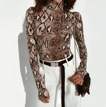 

Women Turtle Neck Bodysuit Long Sleeve Leotard Lady Tops Slim Clothes Sexy Snakeskin Print Bodysuit Women Shirt Clothing