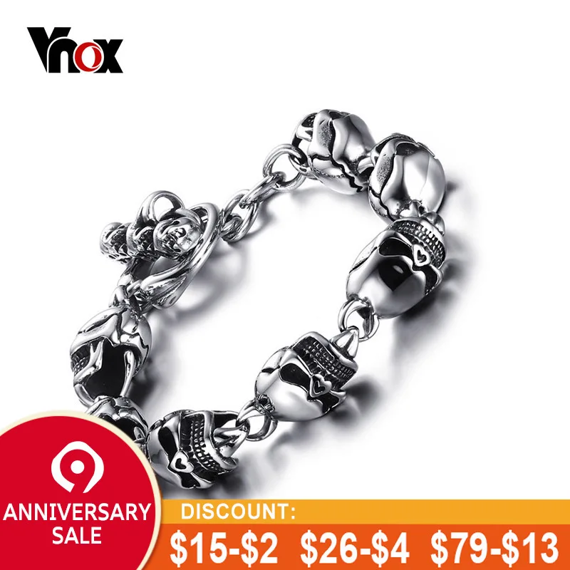 

Vnox Men's Punk Skull Bracelet Stainless Steel Link Wrist Skulls Gothic Bracelets pulsera calavera Jewelry Halloween Accessory