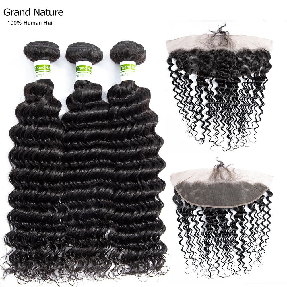 

Preplucked Lace frontal closure with bundles deep wave human hair brazilian hair weave bundles with ear to ear closure remy 4pcs