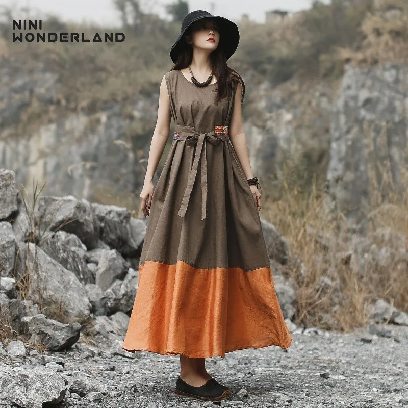 

NINI WONDERLAND 2019 Summer Sleeveless Dress Women Patchwork Cotton Linen Classic Dresses Female Loose Waist Long Dress Big Size