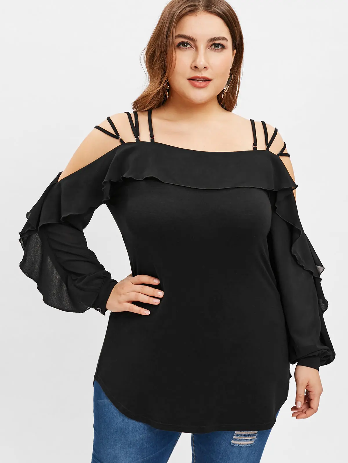 Wipalo Women Plus Size Casual Solid Cold Shoulder Ruffles Blouse ...