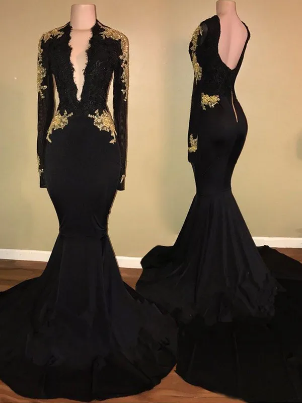 

Mermaid Long Sleeves V-neck Sweep/Brush Train Satin Black v Neck Evening Dress
