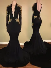 Mermaid Long Sleeves V-neck Sweep/Brush Train Satin Black v Neck Evening Dress black plung v neck lantern long sleeves plain blouse