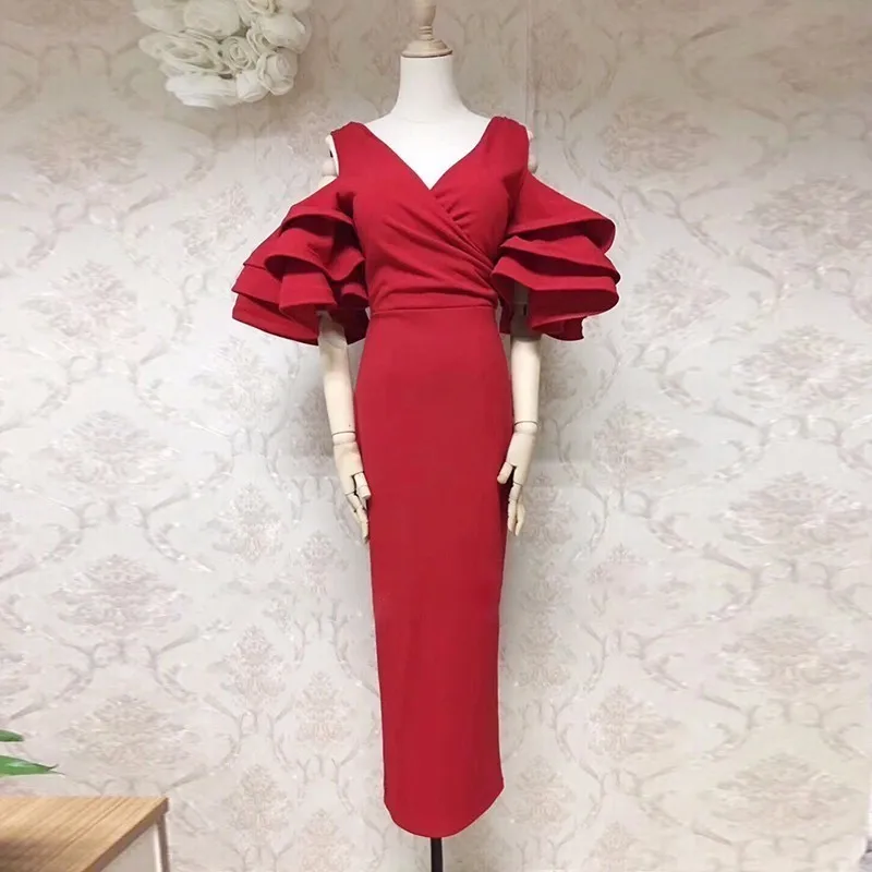 

CHICEVER Summer Off Shoulder Dresses For Women V Neck Flare Sleeve Ruffles Sexy Midi Bodycon Dress Female Fashion Elegant 2019