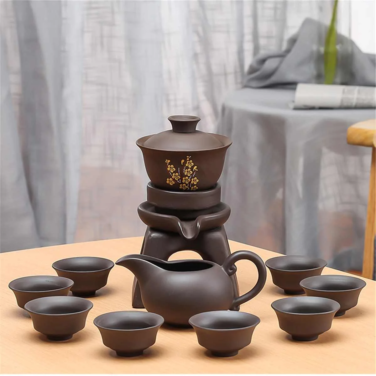 

9 PCS Chinese Kung Fu Tea Set Porcelain Teapot Pot Cup Elegant Kettle Wood Holder Tray Infuser Pitcher Purple Clay