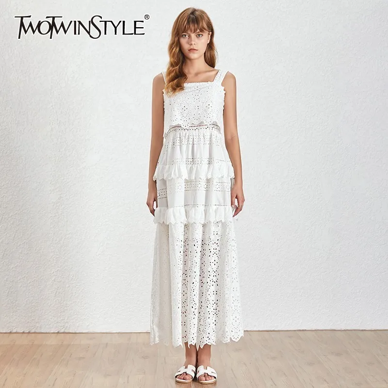 

TWOTWINSTYLE Summer Casual Solid White Women Dress Strapless Spaghetti Strap Lace Hollow Out Bow Mid Calf Dresses 2019 New Tide