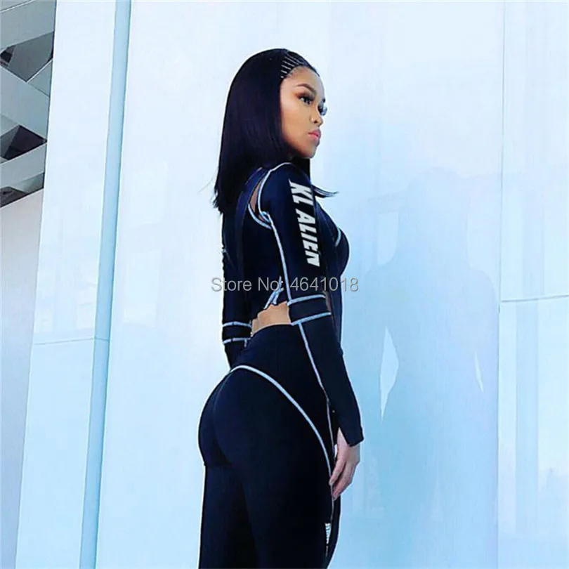 

2019 winter Spring long sleeve tracksuit Mesh perspective Crop Top+ pant 2pcs women's set Sportswear outfits suit