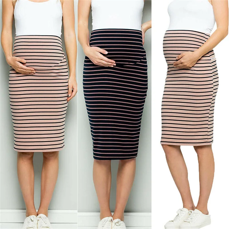 

Women Maternity Comfort High Waisted Tummy Stripe Pencil Skirt Pregnant women corset striped skirt Maternity Pregnant Clothes