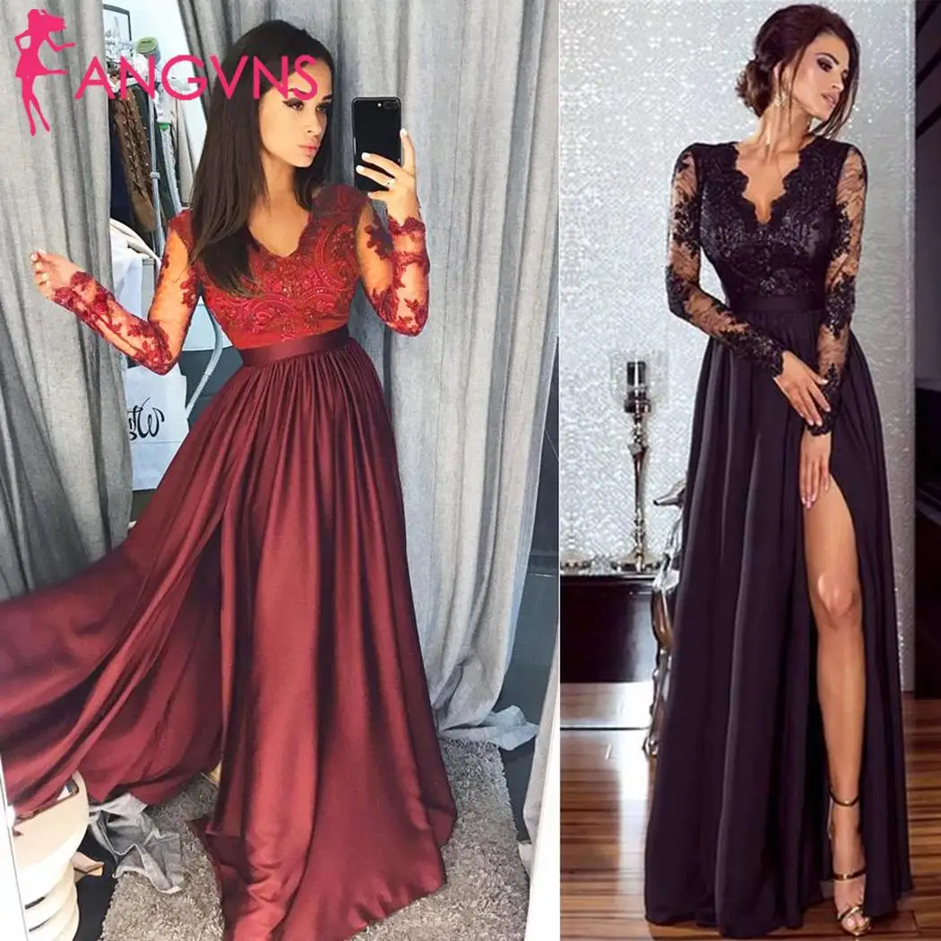 

Women Formal Long Sleeve Lace Patchwork Spring, Summer Floral Evening Prom Gown Party High Waist Dress