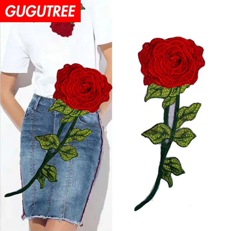

GUGUTREE embroidery big rose patches flower patches badges applique patches for clothing ZM-131