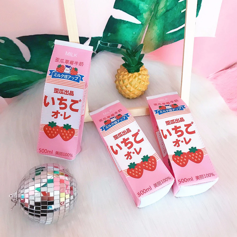 

1pcs Creative PU Leather Pencil box Milk Box Strawberry cute pencil bag case Kawaii Stationery School Supplies kids gift