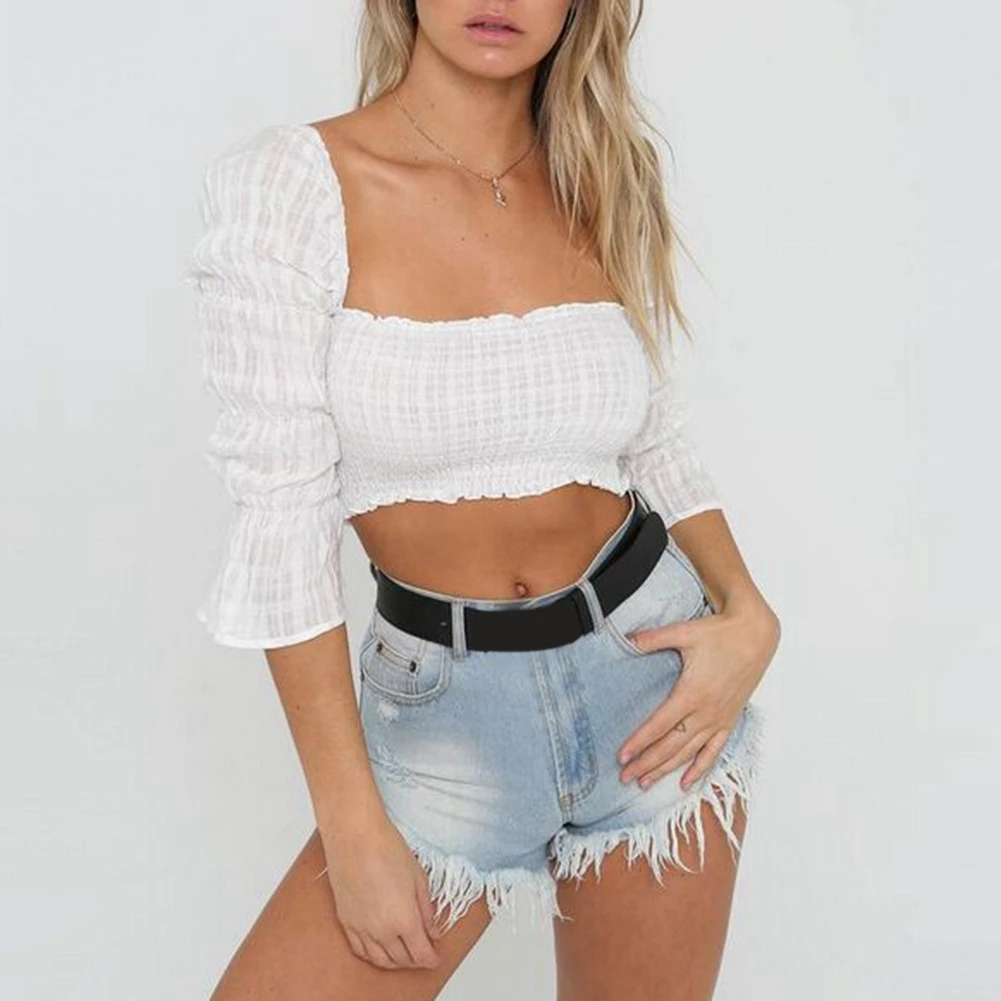 

Women Sexy Summer Beach Holiday Solid Color Ruffles Elastic Crop Top Square Collar Three Quarter Sleeve Tee Shirt Blouse