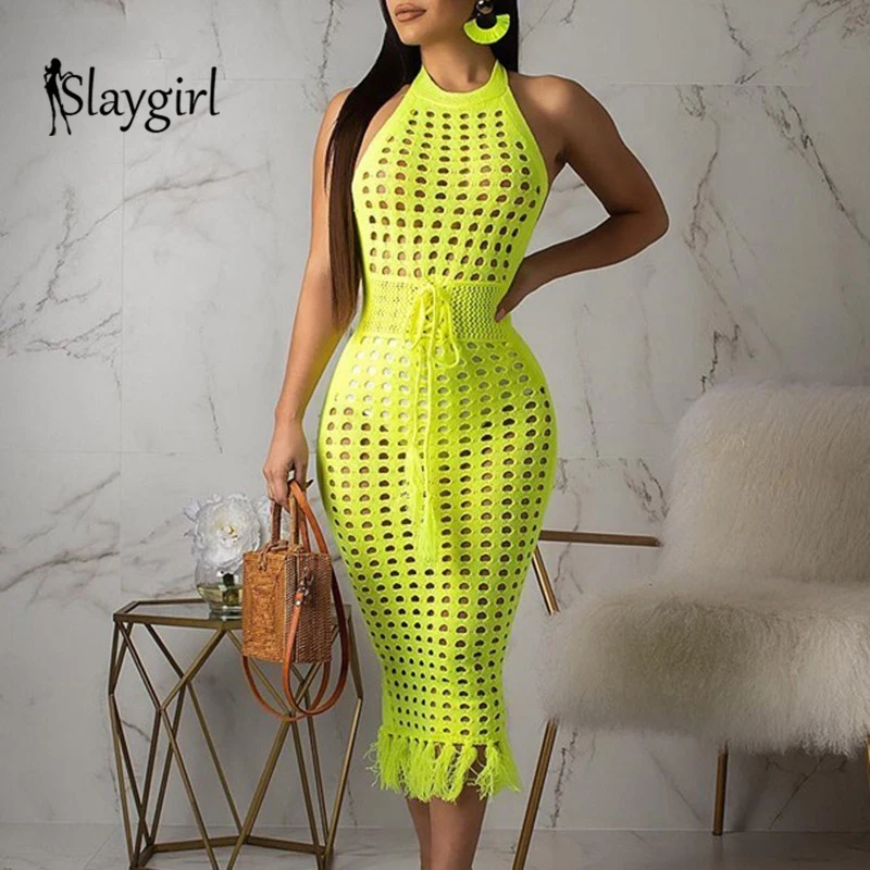 Женское облегающее платье без рукавов Slaygirl однотонное Клубное миди с открытой