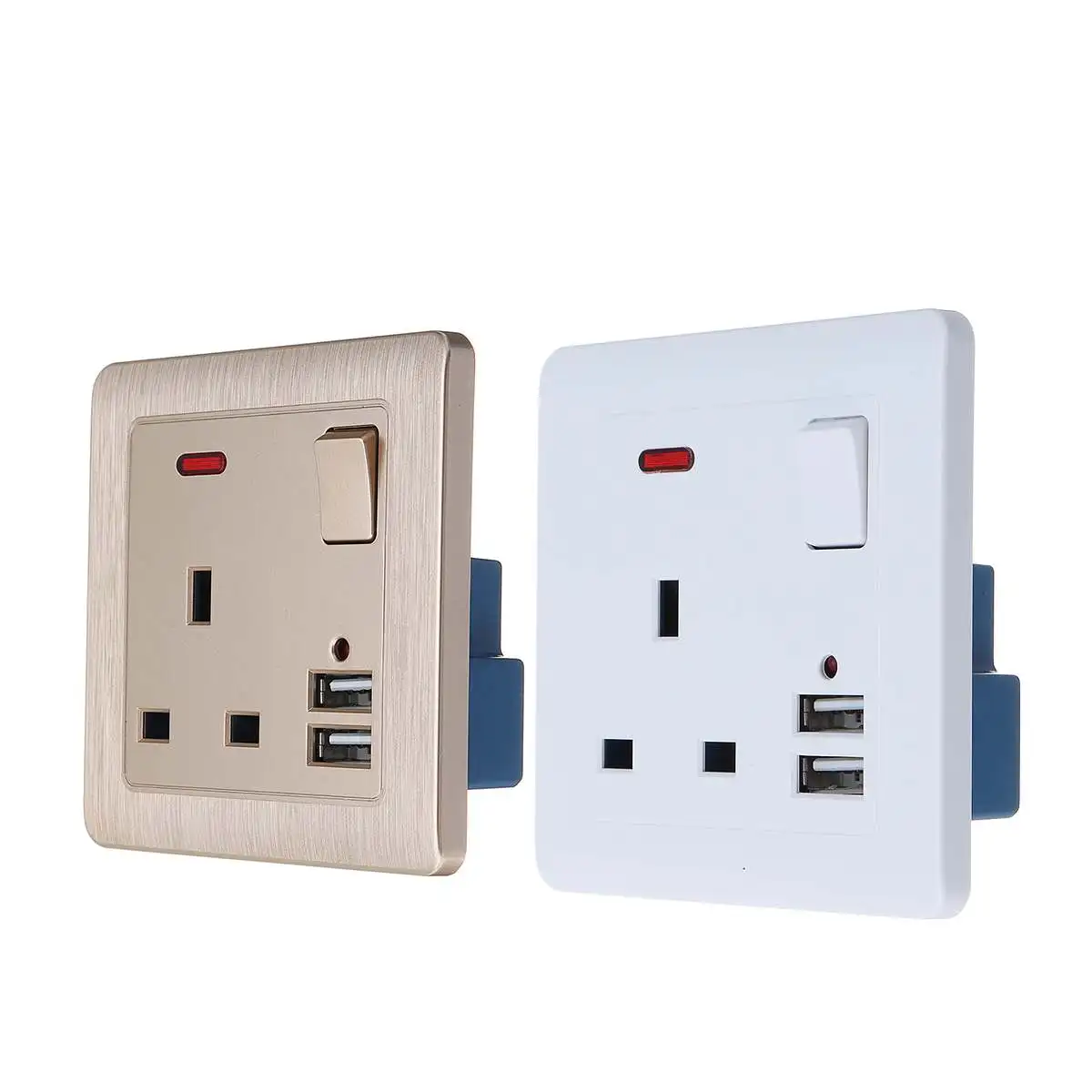 

UK Plug Power Outlet Socket 13A 250V Dual USB Wall AC DC Charger Switch Adapter Port Sockets White Gold Electrical Equipment