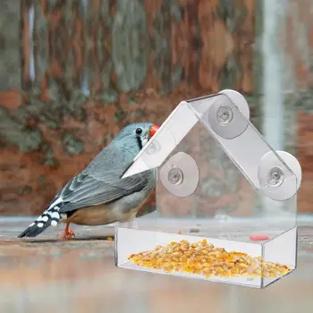 

Window Pet Bird Feeder Adsorption Type House Shaped Feeding Tool Transparent Acrylic Weatherproof Design For Closely Observation