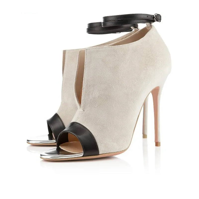 

Beige Black Patchwork Peep Toe Women Ankle Boots Buckle Strap High Heels Gladiator Sandals 2019 Spring New Suede Stilettos Boots