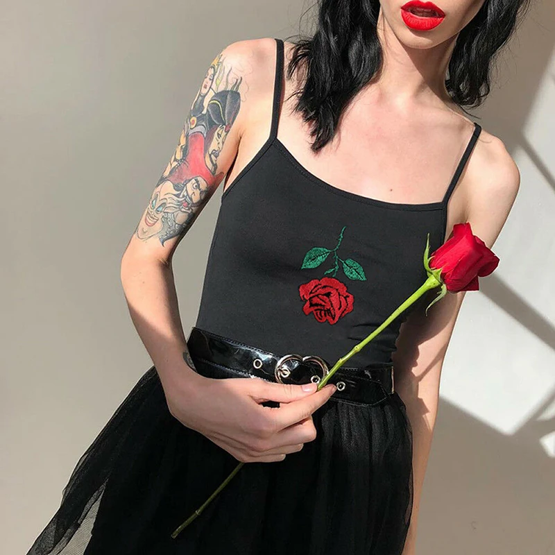 

Women Sexy Rose Embroidery Camis Ladies Slim Tank Top Print Crop Top Black Sportwear Costume Summer Fashion Clothes New Hot 2019