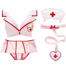 Сексуальный бюстгальтер пуш-ап на косточках, Комплект трусиков, костюм медсестры, косплей, форма, шапка, бюстгальтер, воротник, юбка, трусики, нижнее белье для женщин, комплект нижнего белья