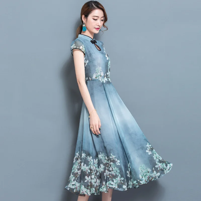 

Spring and Summer Waist Slim Retro Print Short Sleeve Stand Collar Chiffon Big Swing Large Size Women's Dress Vestidos Mujer