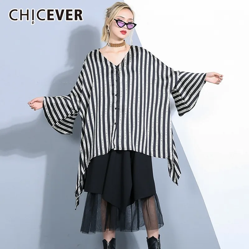 CHICEVER Striped Blouse Tops Female Shirts V Neck Flare Sleeve Hit Colors Letter Print Asymmetric Hem Blouses Casual Clothes New |