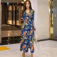 Винтажное женское платье с цветочным принтом в Корейском стиле, модное платье с v-образным вырезом и коротким рукавом, платье с большим разрезом, повседневные женские платья