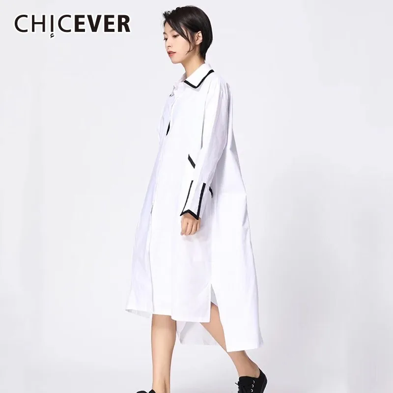 

CHICEVER 2019 Spring Dresses Of The Big Sizes Lapel Long Sleeve Loose Asymmetric Hem Black Midi Dress For Women Fashion New
