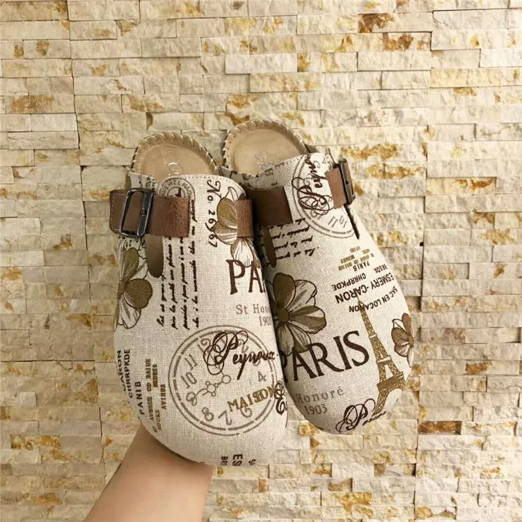 

Women Summer Cork Slippers Flat Heel Buckle Shoes Graffiti Cover Toe Beach Slides Comfortable