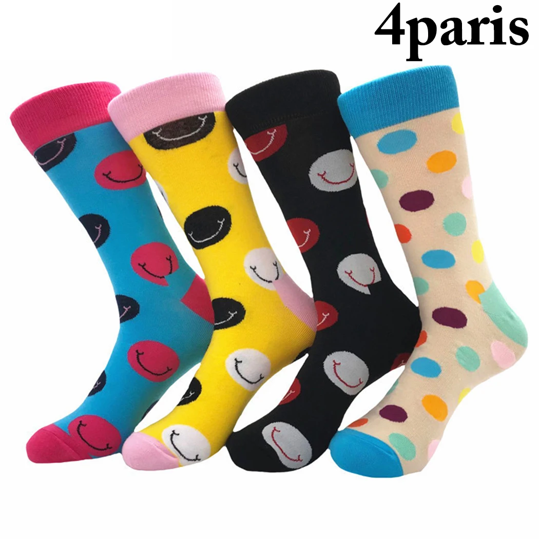

4 Pairs Unisex Socks Cute Smile Face Soft Breathable Crew Socks Funny Happy Dress Wedding Male Crew Socks Plus Size