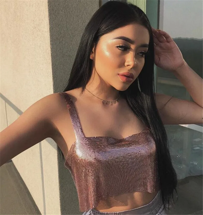 

Club Party Music Festival Bling Colorful Metal Mesh Glitter Tank Crop Top Nightclub Sparkly Metal Chain Bikini Bra Crop Tops