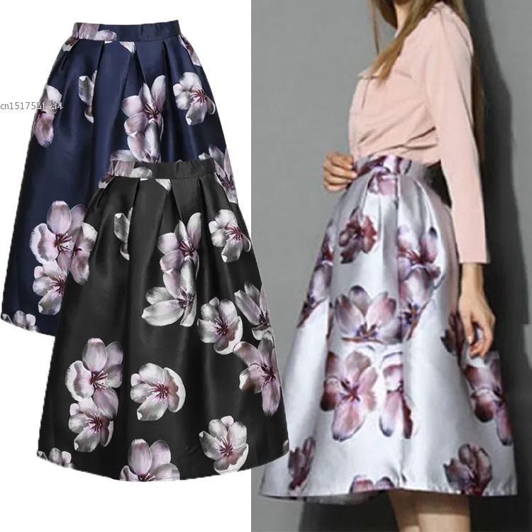 

Women's A-line Floral Printed Pattern Pleated Umbrella Skirts 2015 Female New Fashion Vintage Style Skirt saias femininas 34