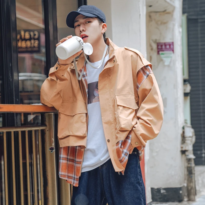 Spring New Jacket Men Fashion Plaid Stitching Fake Two Piece Casual Jacket Man Streetwear Hip Hop Loose Bomber Jacket Male Coat Spring New Jacket Men Fashion Plaid Stitching Fake Two Piece Casual Jacket Man Streetwear Hip Hop Loose Bomber Jacket Male Coat