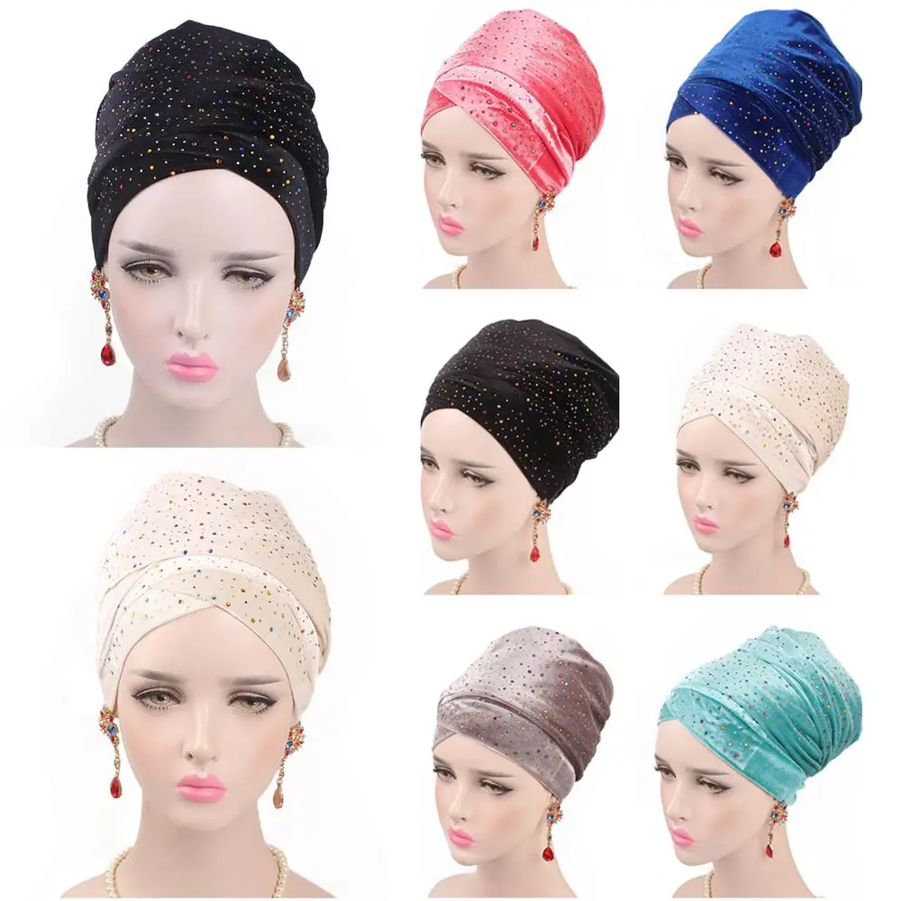 

New Arab Women Velvet Long Tail Tube Cap Turban Hat Hijab Muslim Headscarf Wrap Sequins Headwrap Islamic Shawl Bandanas Bonnet