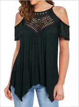 2019 Women Cold Shoulder Soft Loose Sleeveless Lace T-shirts Loose Plain Shirt Tops khaki plain cold shoulder long sleeves t shirt