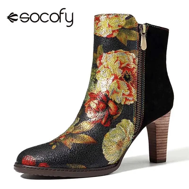 

Socofy Splicing Genuine Leather Boots Women Shoes Winter Bohemian Vintage Flower Printed Suede Ankle Boots Zipper High Heels New