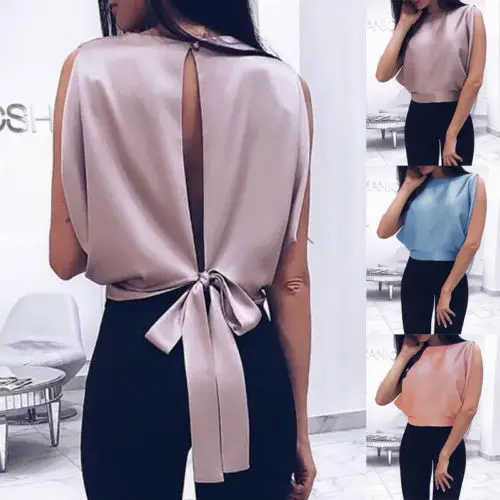 

Fashion Women Sleeveless Tops Blouse Bowknot Women Clothes Silk Soild Blouse Summer 2019