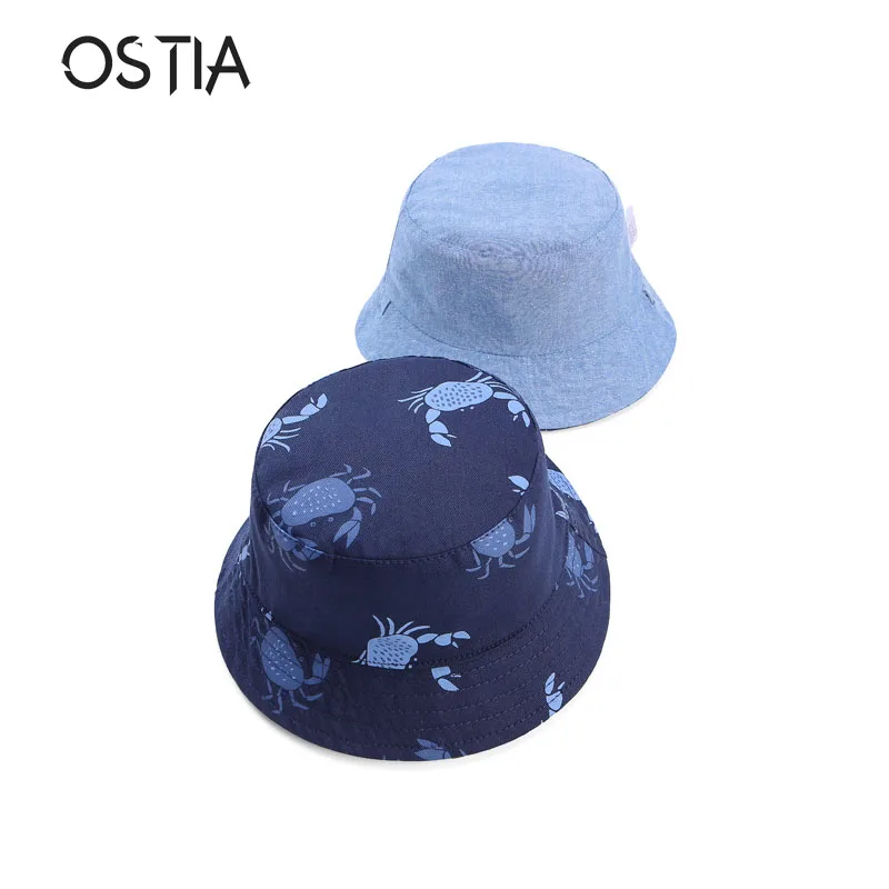 

Ostia Baby Girl Boy Hat Crab Denim Double Side Girl Cap Girl Boy Unisex Cotton Bucket Cap Kids Hat Children Sun Hats H87