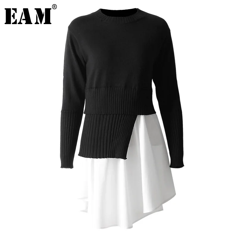 

[EAM] 2019 New Autumn Winter Round Neck Long Sleeve Black Pleated Irregular Hem Stitch Knitting Sweater Women Fashion Tide JO002
