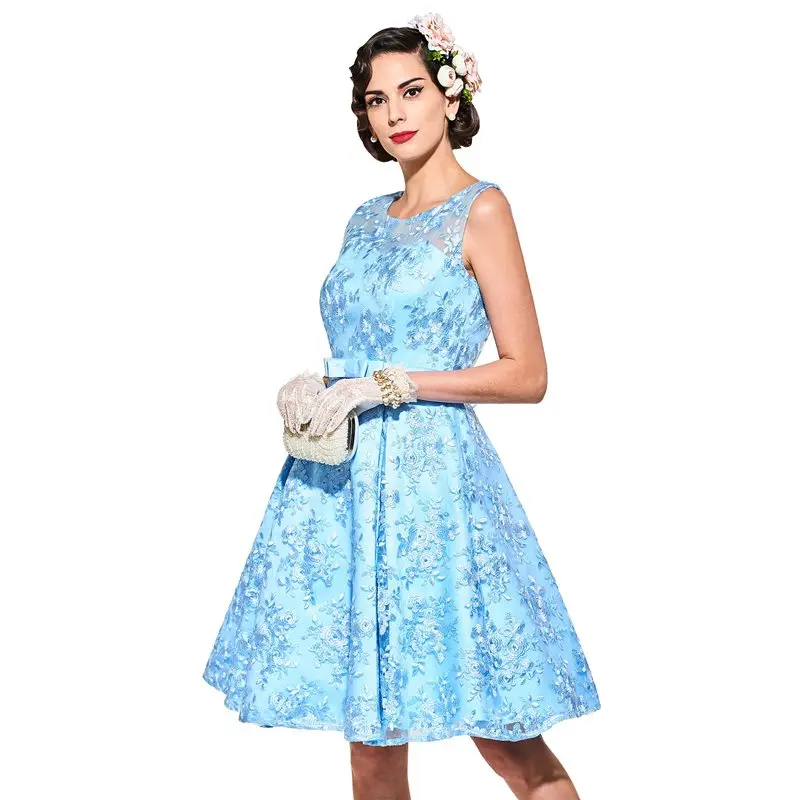 

Sisjuly Vintage Women Dress Lace 1950s Style Flower Spring Print Party Bow Sleeveless Elegant Sexy Fashion Summer Female Casual
