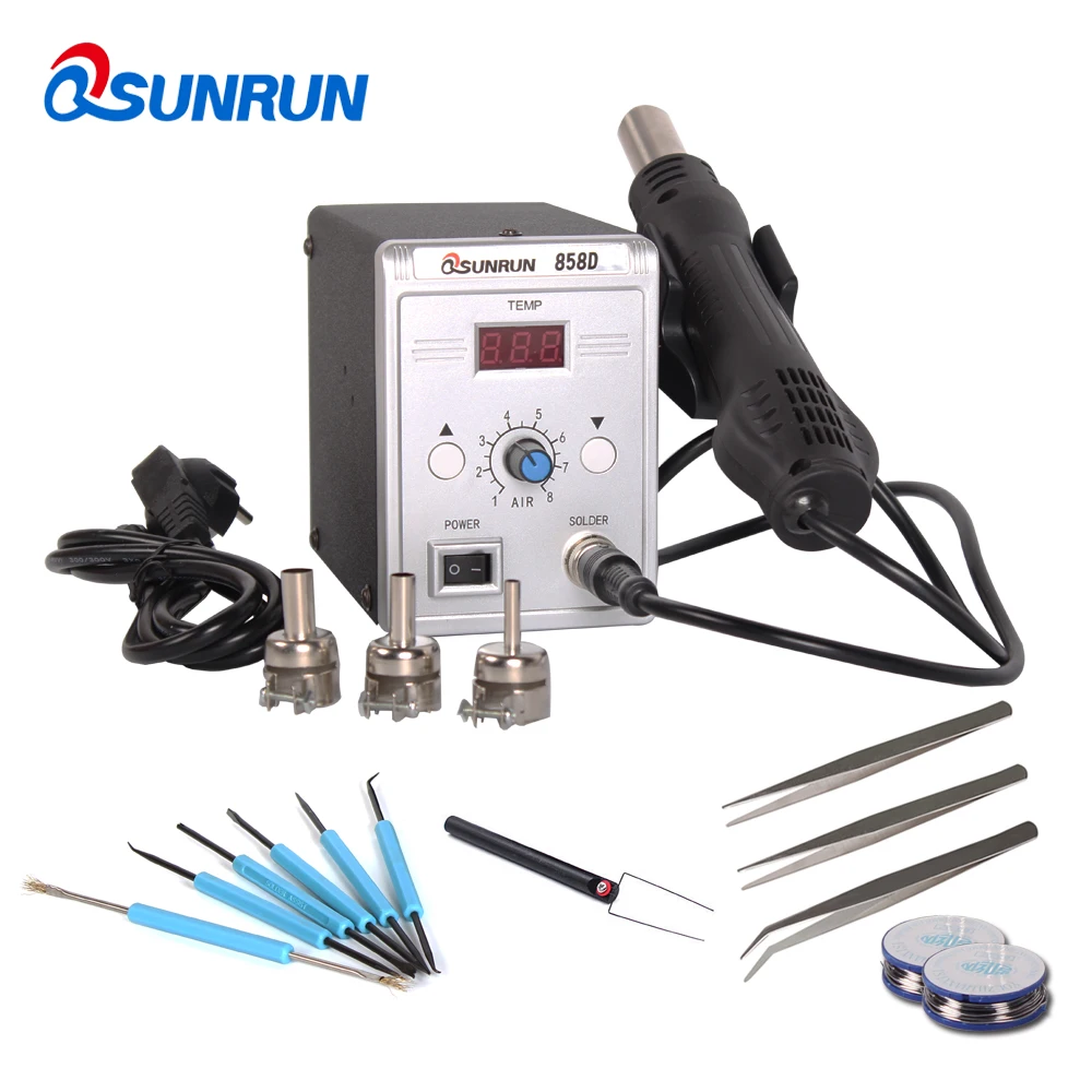 

Qsunrun 858D 110V / 220V 700W ESD Soldering Station LED Digital Solder Iron Hot Air Gun With Free Gifts For Welding Repair