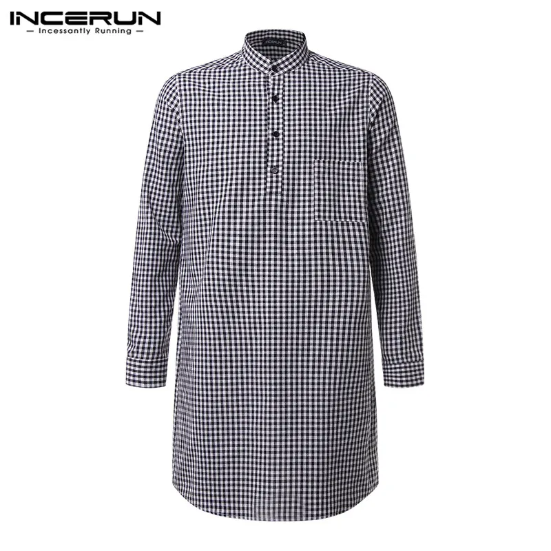 

INCERUN Men Plaid Casual Shirt Stand Collar Long Sleeve Loose Long Shirts Men Muslim Islamic Kaftan Kurta Suit Dress Shirt 2019