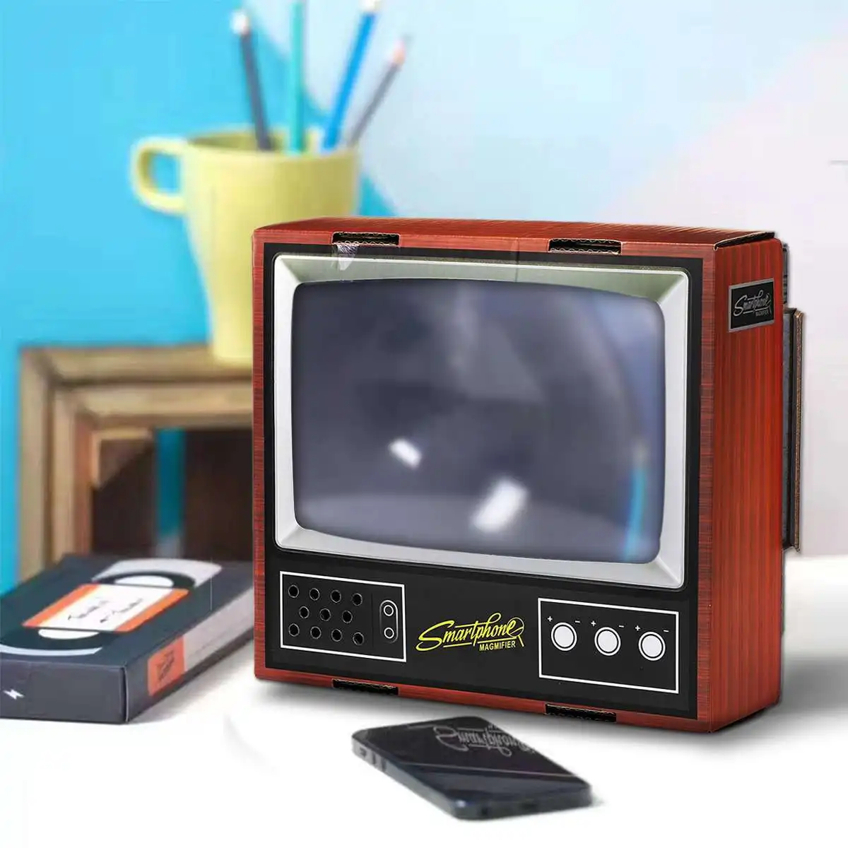 DIY الكرتون خمر التلفزيون الهاتف المكبرة الزجاج الكرتون الرجعية التلفزيون الهاتف شاشة المكبر حامل حامل هاتف تكبير جبل هدية