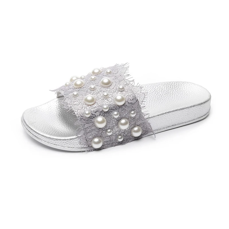 

2019 Summer Flat Slippers Women Shoes Pearl Female Casual Lace Platform Beach Slippers For Woman Black Slipper Sandals