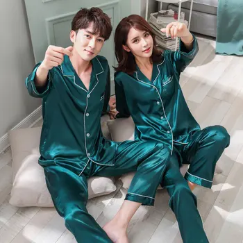 

Spring And Autumn Couple's Silk Pajamas Female Long-Sleeve Thin Ice Silk Cardigan Male Pajama Set