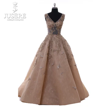 شراءفاخر ساحر JusereDark الشمبانيا ألف خط على شكل حرف V زين مطرز انظر من خلال أعلى طول الأرض فساتين لحضور الحفلات الموسيقية مساء ثوب حفلة